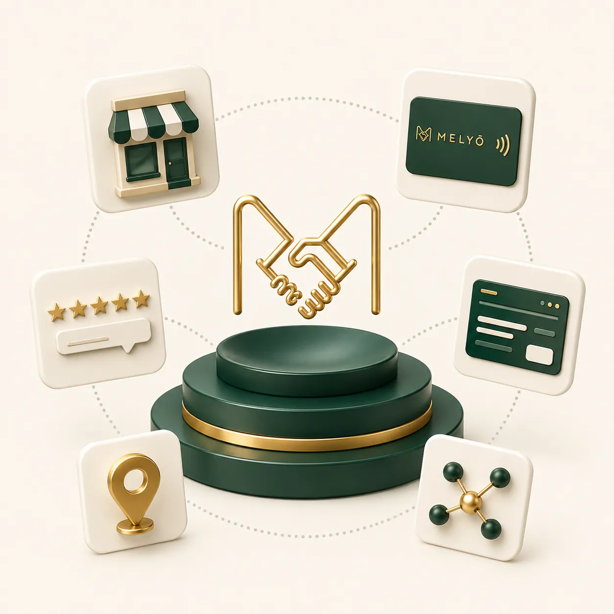 Composition 3D : le logo MELYŌ doré posé sur un socle vert et or, entouré de six cartes reliées en cercle (boutique, carte de visite NFC, interface web, réseau, repère de localisation, avis clients).